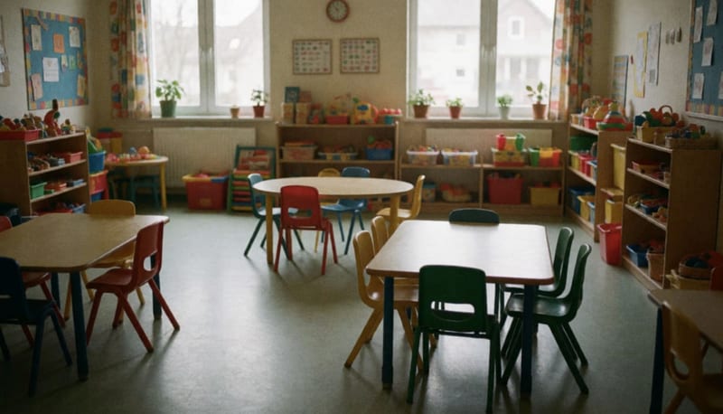 Salón de una guardería vacío con mesas pequeñas y juguetes
