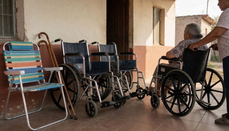 Anciana en silla de ruedas vista de espaldas en un porche, junto a bastones y una silla para baño, con luz cálida de tarde