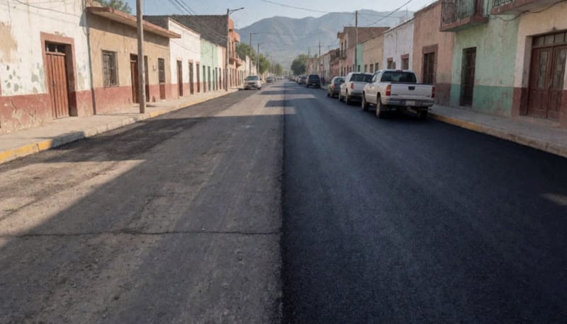 Calle recientemente pavimentada con asfalto nuevo en una zona urbana del norte de México