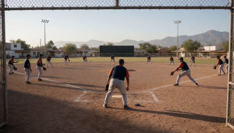 Jugadores de béisbol en categoría veterana realizando calentamiento previo en una cancha del municipio