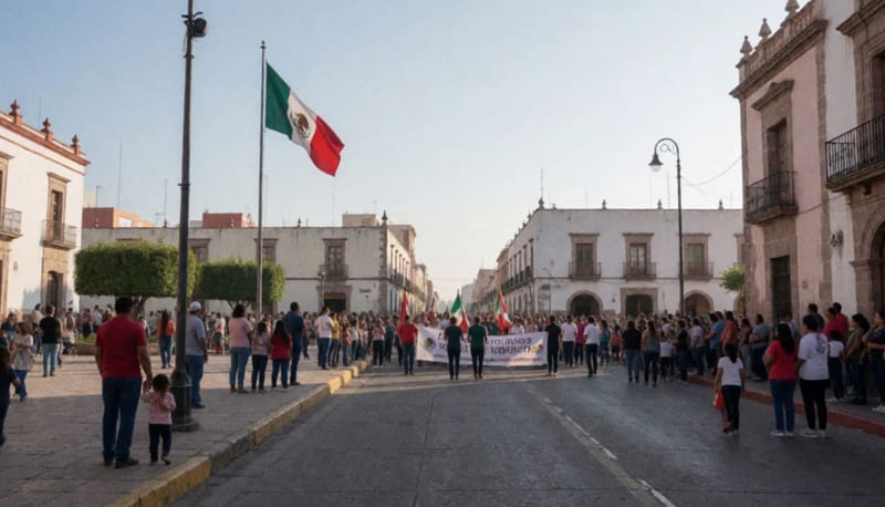Familias reunidas en la plaza central de una ciudad de Chihuahua durante acto cívico patrimonial