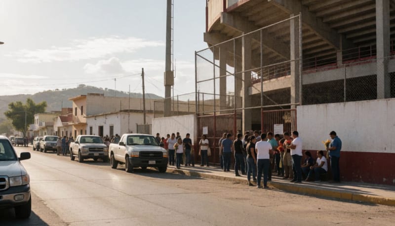 Personas reunidas en el Estadio Rotario de Camargo para un homenaje póstumo bajo el sol del mediodía
