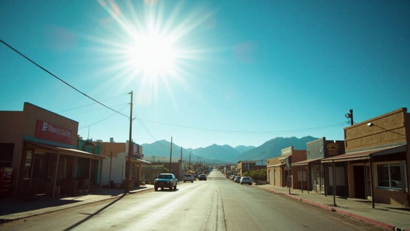 Calle soleada de un pueblo del desierto bajo cielo despejado y calor intenso durante el mediodía