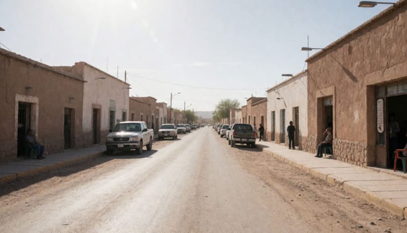 Calle soleada de un pueblo del centro de Chihuahua bajo intenso calor del mediodía