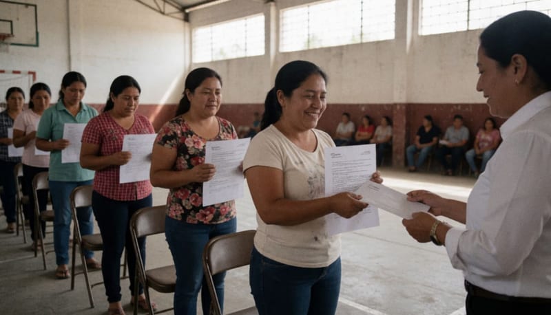 Familias camarguenses formadas en una cancha cubierta recibiendo apoyos económicos del programa de Ocupación Temporal