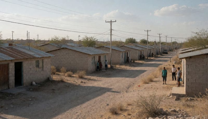 Viviendas de una colonia rural en el norte de México con postes de servicios e instalaciones precarias