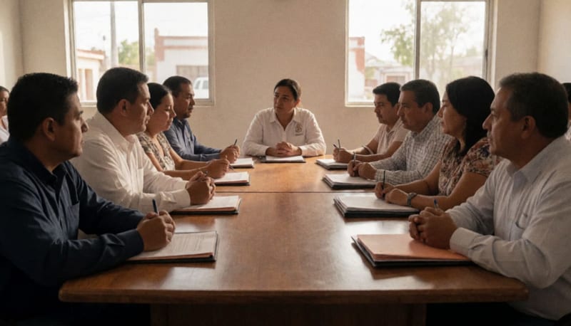 Autoridades municipales y representantes de organizaciones civiles reunidos en una sala de sesiones para coordinar estrategias de salud mental