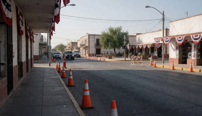 Conos de tránsito y barreras temporales colocadas en las calles del centro de Camargo