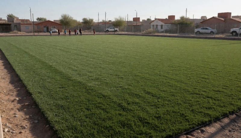 Nueva cancha de pasto sintético en zona residencial con viviendas al fondo bajo el cielo despejado