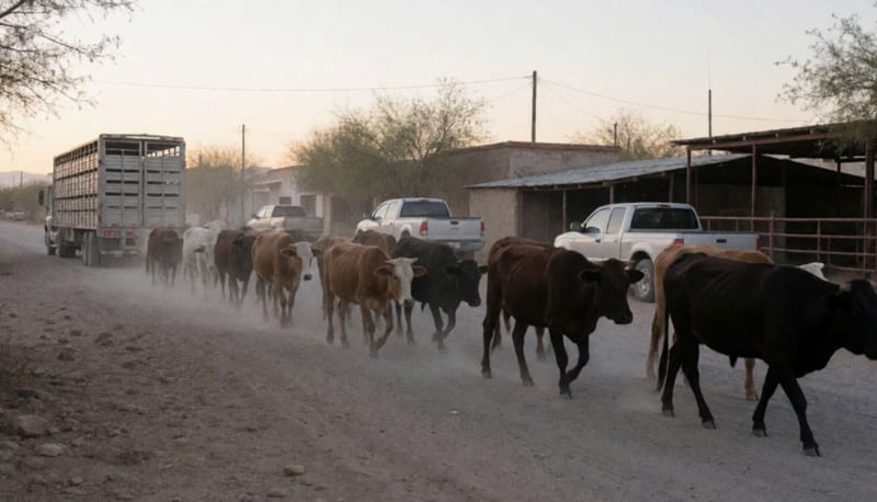 Ganado avanzando por un camino de rancho en el desierto de Chihuahua con vehículos de transporte de fondo
