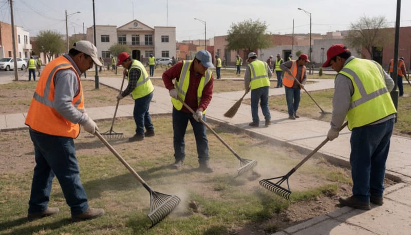 Trabajadores realizando labores de limpieza y mantenimiento en un parque público del municipio