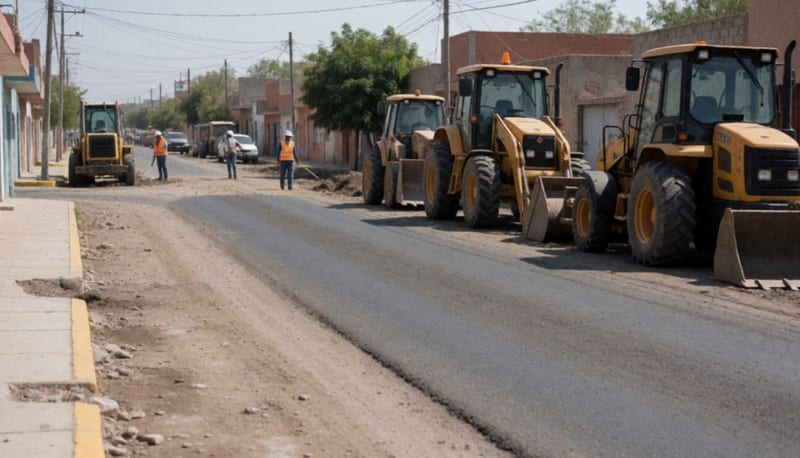 Maquinaria de construcción estacionada en calles de Camargo lista para iniciar trabajos de rehabilitación vial