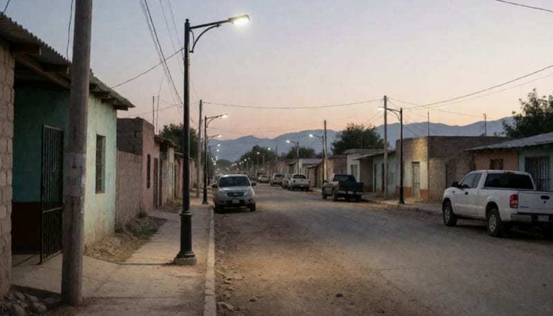 Nuevas luminarias iluminadas en una calle residencial de un pueblo del norte de México al atardecer