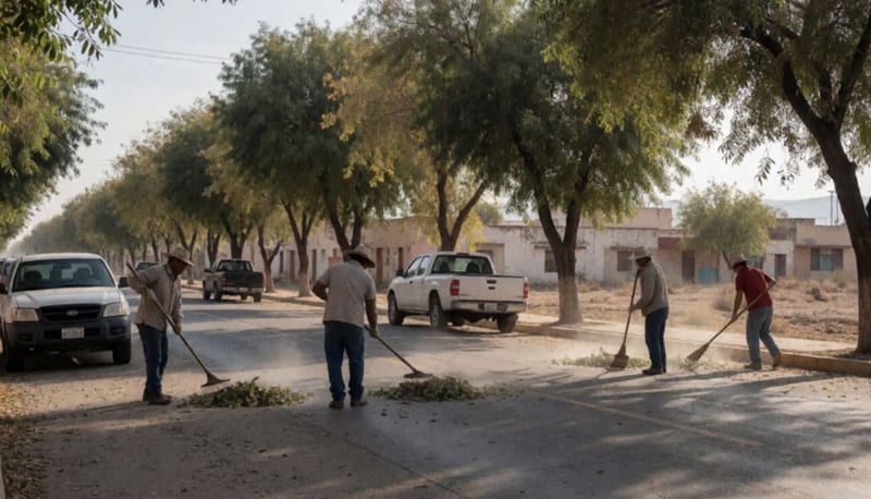 Trabajadores municipales barriendo y limpiando una avenida arbolada de Camargo bajo el sol de la tarde