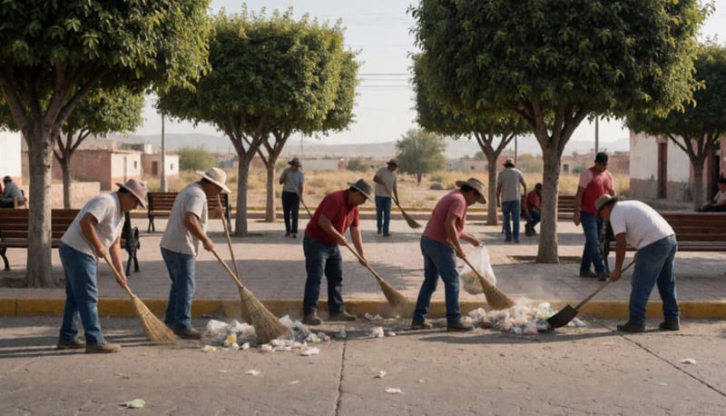 Trabajadores limpiando una plaza pública en Camargo, barriendo y recolectando basura bajo el sol del mediodía