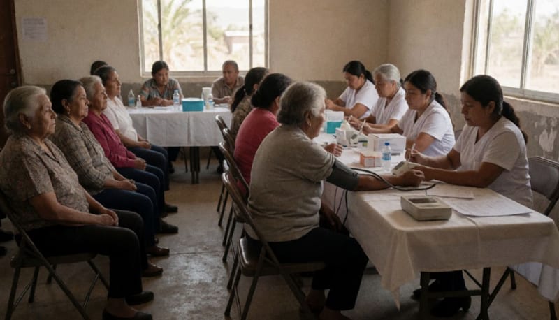 Adultos mayores recibiendo toma de presión arterial en una jornada de prevención cardiovascular en Camargo