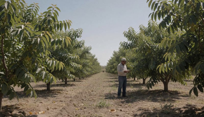 Huerto de nogales en el municipio de Camargo bajo el sol del desierto, con productor inspeccionando ramas