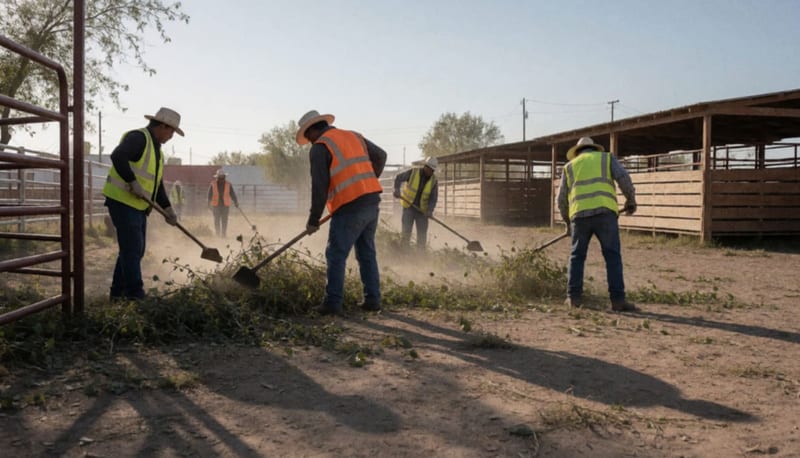 Trabajadores realizando tareas de mantenimiento y limpieza en terrenos de una feria municipal del estado