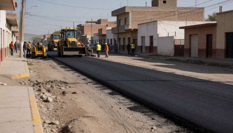 Maquinaria pesada trabajando en la pavimentación de una avenida en una zona urbana de Chihuahua