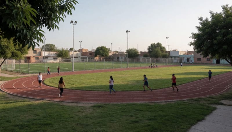 Pista de atletismo y campos deportivos con pasto sintético en una zona de infraestructura municipal