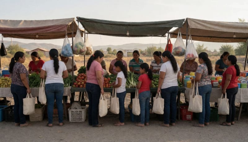 Familias en una jornada comunitaria de venta de productos a precios accesibles en una localidad rural de Camargo