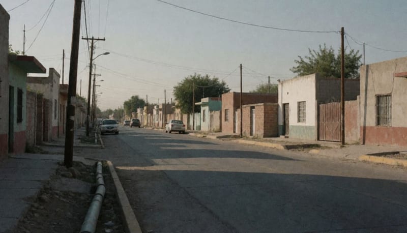 Calle residencial de Camargo con casas y líneas de servicios básicos en las banquetas