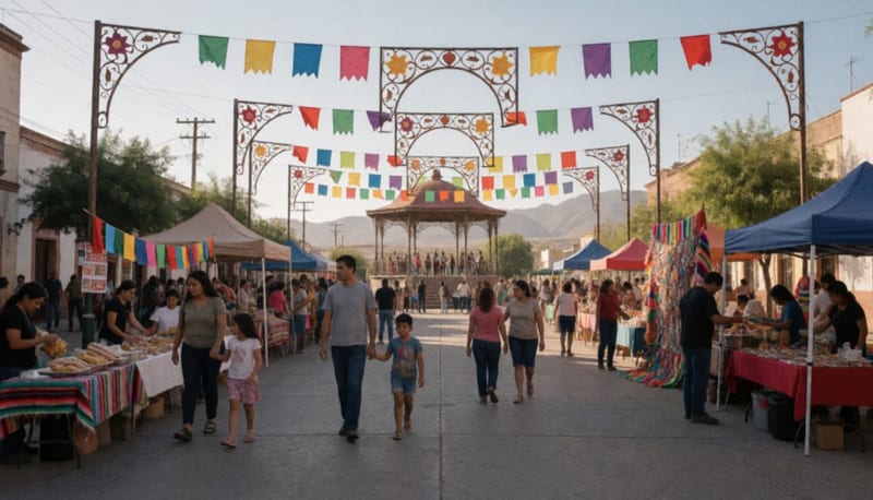 Plaza de pueblo con adornos festivos y familias preparando celebraciones en Camargo
