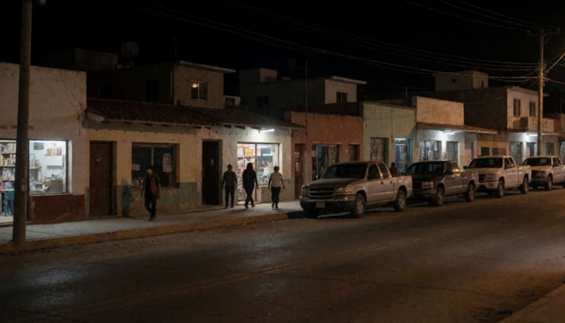 Zona comercial nocturna de un pueblo del norte de México con establecimientos y vehículos estacionados