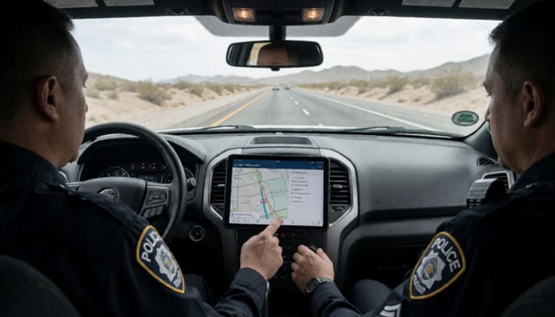 Oficiales dentro de una patrulla consultando información en tablet del sistema C7 durante patrullaje nocturno en zona desértica
