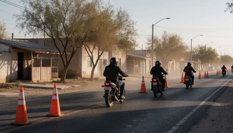 Motociclistas circulan por una carretera al borde de un pueblo del norte con conos naranjas sobre el asfalto al atardecer