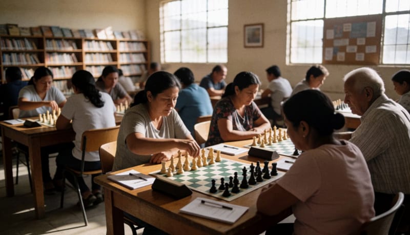 Personas jugando ajedrez en mesas de madera dentro de una biblioteca municipal