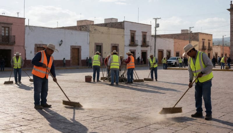 Cuadrillas de limpieza trabajando en una plaza pública de un municipio del norte de México