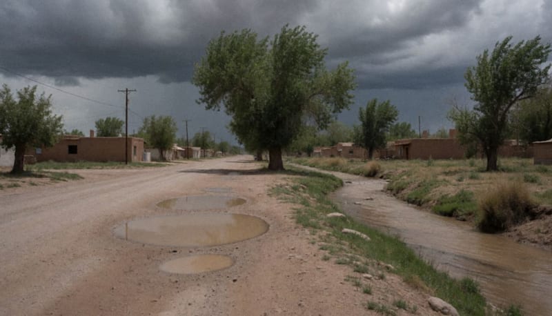 Camino de tierra con grandes charcos bajo nubes de tormenta y un arroyo que comienza a llenarse de agua lodosa