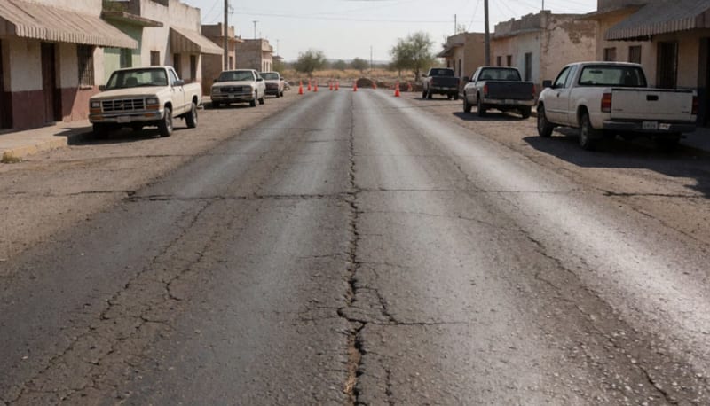 Calle deteriorada en Camargo con pavimento agrietado y edificios de la localidad al fondo