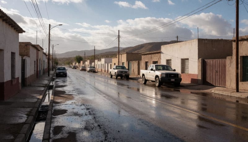 Calle mojada de una localidad norteña con nubes dispersándose y líneas de energía eléctrica al fondo
