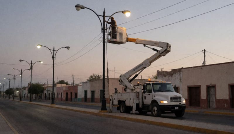 Camión canastilla con operario realizando trabajos en poste de alumbrado público durante atardecer en zona urbana