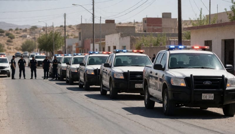 Patrullas nuevas alineadas en una calle del municipio con personal de seguridad al fondo