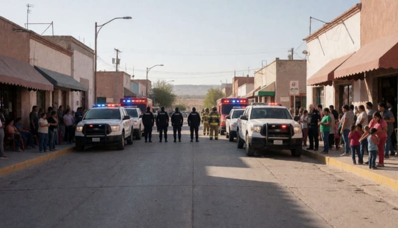 Oficiales de seguridad y bomberos en operativo de vigilancia en zona comercial de municipio norteño