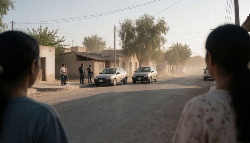 Dos autos detenidos junto a la banqueta tras un choque leve en un crucero de un pueblo del norte de México