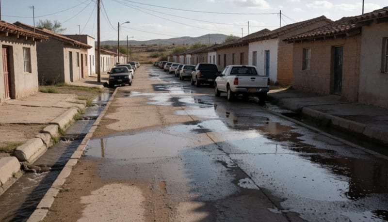 Calles mojadas de una localidad del norte de México tras lluvia, con charcos reflejando el cielo y casas de adobe a los lados