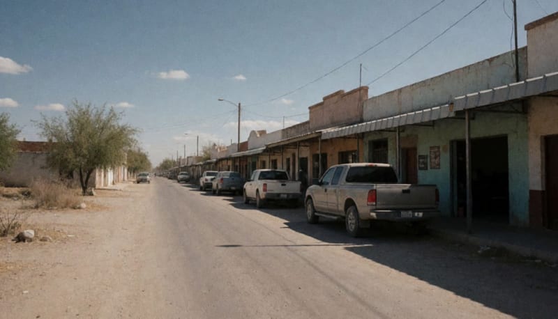 Calle polvorienta de un pequeño municipio bajo el intenso sol del mediodía en el norte de México