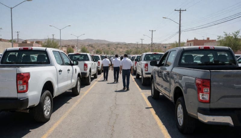 Nuevas unidades estacionadas en un patio municipal del norte de México bajo el cielo despejado