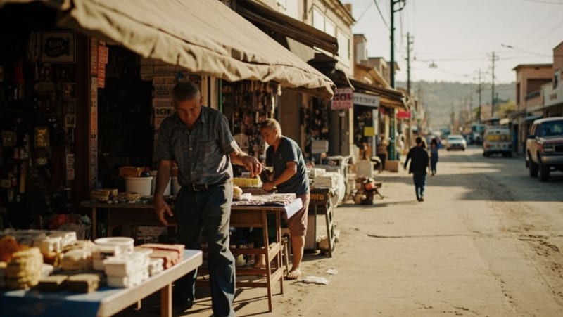Vendedores locales atendiendo sus puestos de comercio en una calle del municipio, bajo toldos y frente a tiendas pequeñas