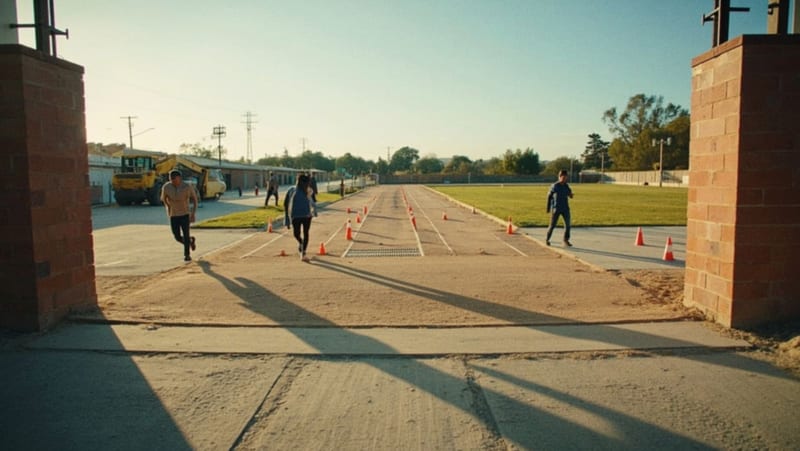 Barrera de arena y conos naranja señalizando la sección cerrada de la pista de tartán en la unidad deportiva