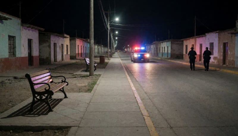 Calle de un pueblo del norte por la noche con luces rojas y azules reflejadas en el pavimento y oficiales a lo lejos