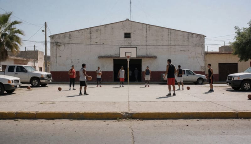 Atletas calentando con balones en la plaza de un gimnasio municipal en una ciudad del norte de México