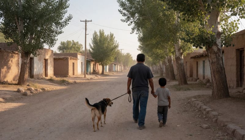 Hombre y niño de espaldas pasean a un perro con correa por un camino de terracería entre casas bajas y álamos