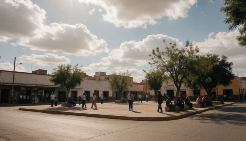 Plaza de un pueblo con nubes dispersas y luz del sol del atardecer iluminando las calles