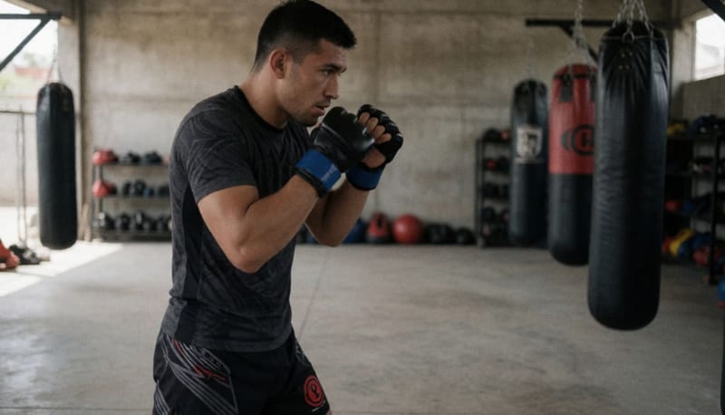 Peleador de MMA en entrenamiento intenso dentro de un gimnasio, con manos vendadas y postura de combate