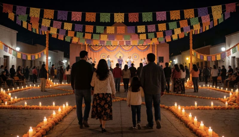 Plaza decorada con flores de cempasúchil y velas para el Día de Muertos, con familias de espaldas